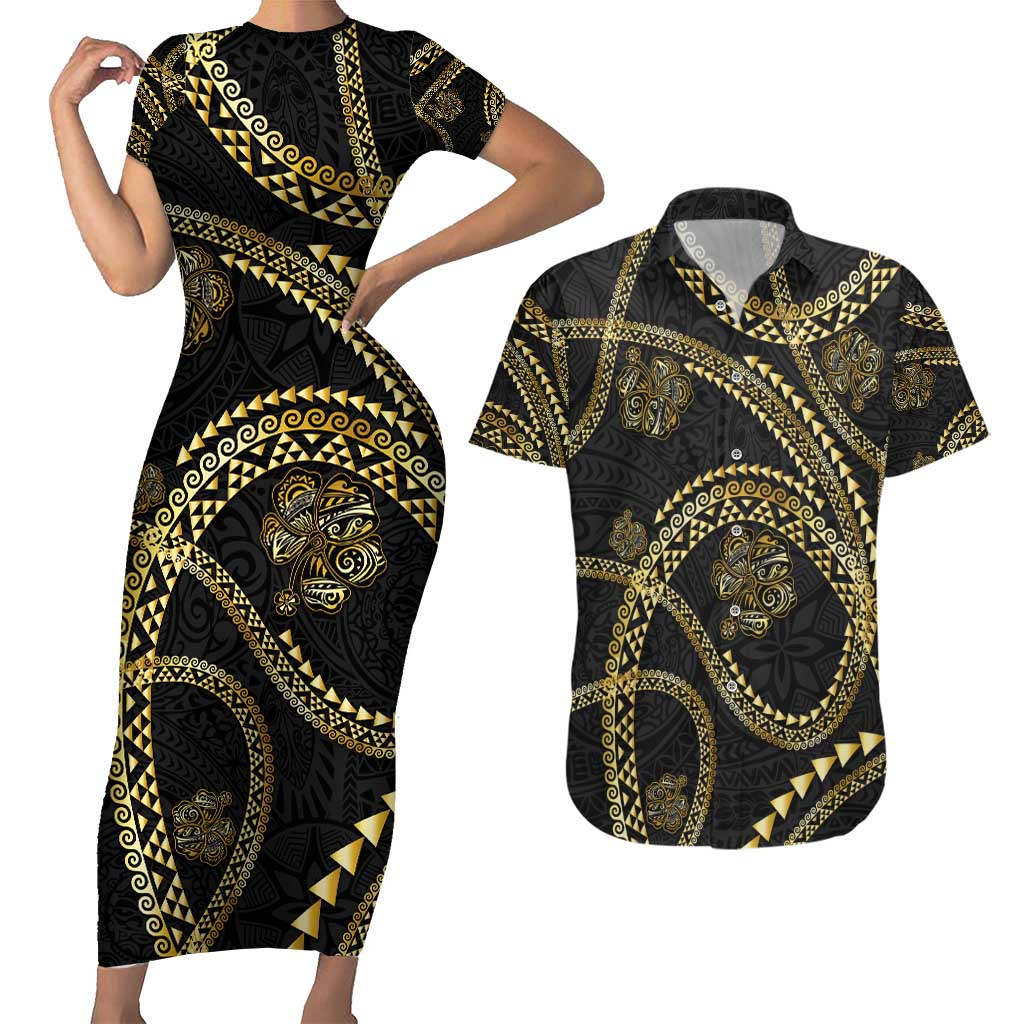 Hawaiian Kakau Art and Hisbiscus Tattoo Couples Matching Short Sleeve Bodycon Dress and Hawaiian Shirt Tribal Pattern-Gold Style - Polynesian Pride