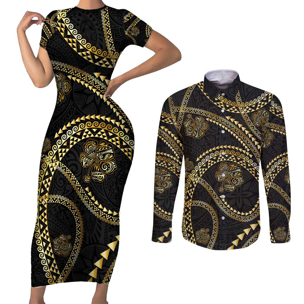 Hawaiian Kakau Art and Hisbiscus Tattoo Couples Matching Short Sleeve Bodycon Dress and Long Sleeve Button Shirt Tribal Pattern-Gold Style - Polynesian Pride