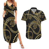 Hawaiian Kakau Art and Hisbiscus Tattoo Couples Matching Summer Maxi Dress and Hawaiian Shirt Tribal Pattern-Gold Style - Polynesian Pride