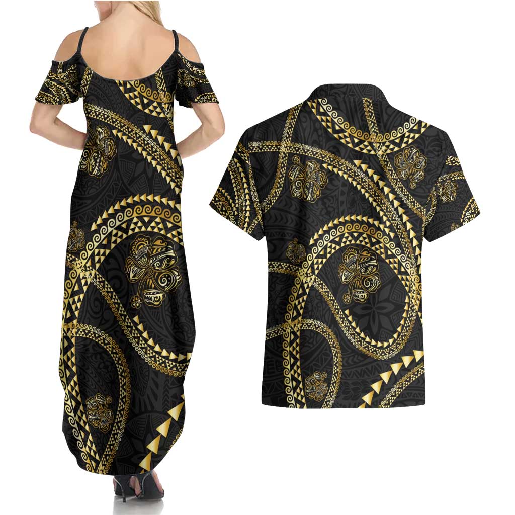 Hawaiian Kakau Art and Hisbiscus Tattoo Couples Matching Summer Maxi Dress and Hawaiian Shirt Tribal Pattern-Gold Style - Polynesian Pride