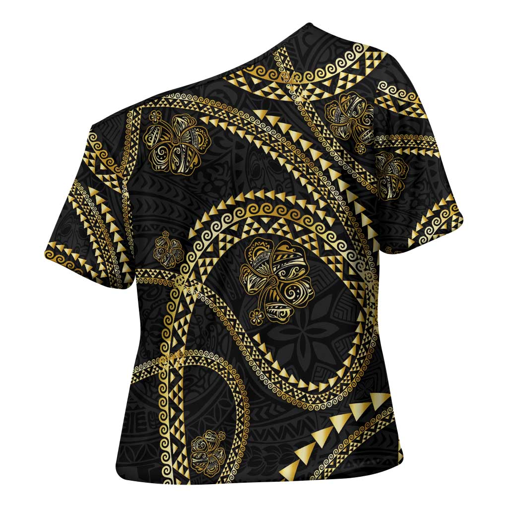 Hawaiian Kakau Art and Hisbiscus Tattoo Cross Shoulder Shirt Tribal Pattern-Gold Style - Polynesian Pride