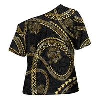 Hawaiian Kakau Art and Hisbiscus Tattoo Cross Shoulder Shirt Tribal Pattern-Gold Style - Polynesian Pride