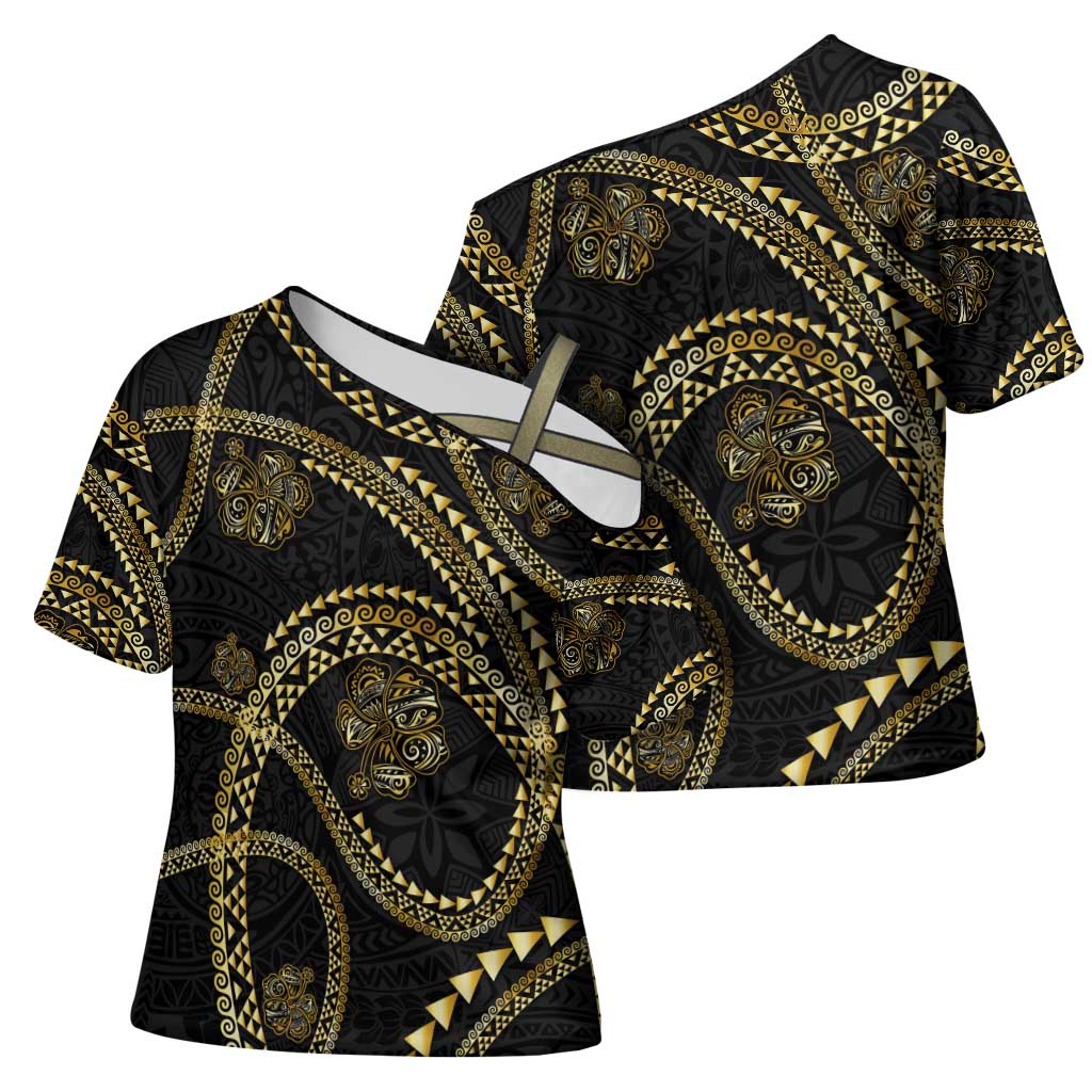 Hawaiian Kakau Art and Hisbiscus Tattoo Cross Shoulder Shirt Tribal Pattern-Gold Style - Polynesian Pride