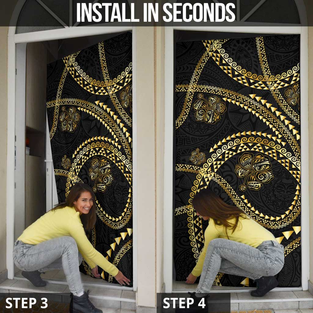 Hawaiian Kakau Art and Hisbiscus Tattoo Door Cover Tribal Pattern-Gold Style - Polynesian Pride