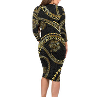 Hawaiian Kakau Art and Hisbiscus Tattoo Family Matching Long Sleeve Bodycon Dress and Hawaiian Shirt Tribal Pattern-Gold Style - Polynesian Pride