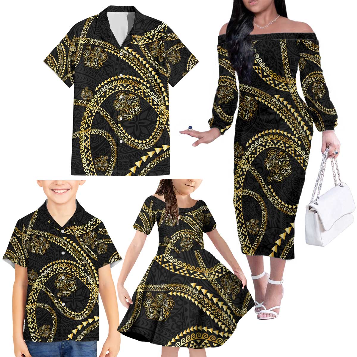 Hawaiian Kakau Art and Hisbiscus Tattoo Family Matching Off The Shoulder Long Sleeve Dress and Hawaiian Shirt Tribal Pattern-Gold Style - Polynesian Pride