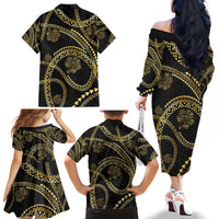 Hawaiian Kakau Art and Hisbiscus Tattoo Family Matching Off The Shoulder Long Sleeve Dress and Hawaiian Shirt Tribal Pattern-Gold Style - Polynesian Pride