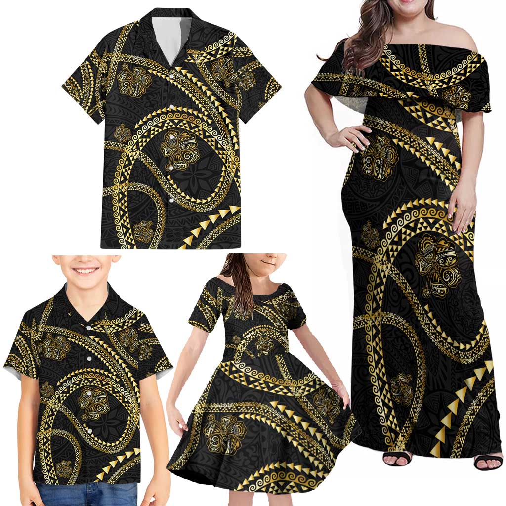 Hawaiian Kakau Art and Hisbiscus Tattoo Family Matching Off Shoulder Maxi Dress and Hawaiian Shirt Tribal Pattern-Gold Style - Polynesian Pride
