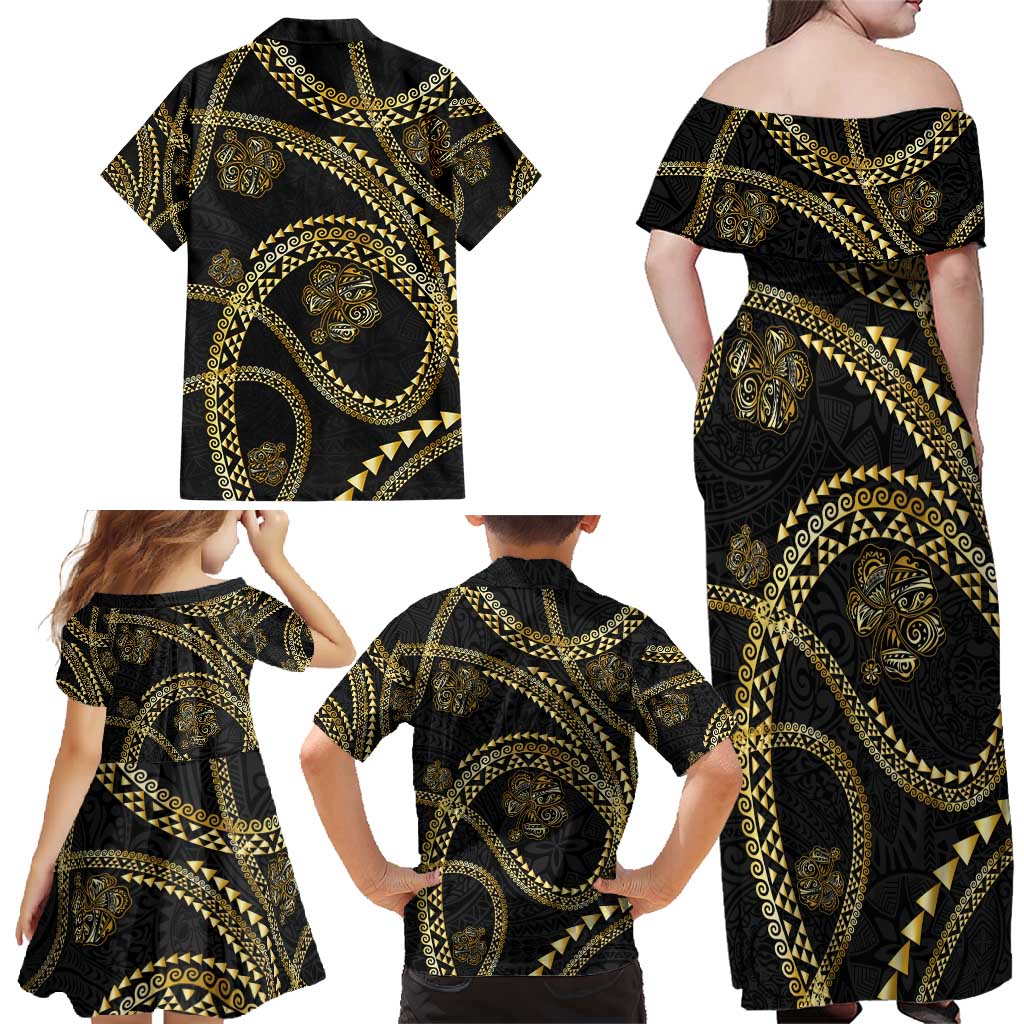Hawaiian Kakau Art and Hisbiscus Tattoo Family Matching Off Shoulder Maxi Dress and Hawaiian Shirt Tribal Pattern-Gold Style - Polynesian Pride