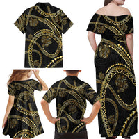 Hawaiian Kakau Art and Hisbiscus Tattoo Family Matching Off Shoulder Maxi Dress and Hawaiian Shirt Tribal Pattern-Gold Style - Polynesian Pride