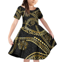 Hawaiian Kakau Art and Hisbiscus Tattoo Family Matching Off Shoulder Short Dress and Hawaiian Shirt Tribal Pattern-Gold Style - Polynesian Pride