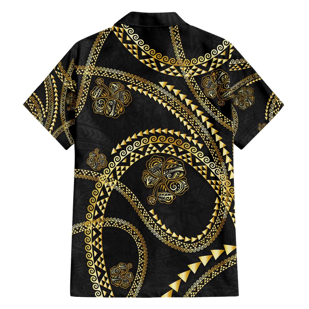Hawaiian Kakau Art and Hisbiscus Tattoo Family Matching Off Shoulder Short Dress and Hawaiian Shirt Tribal Pattern-Gold Style - Polynesian Pride