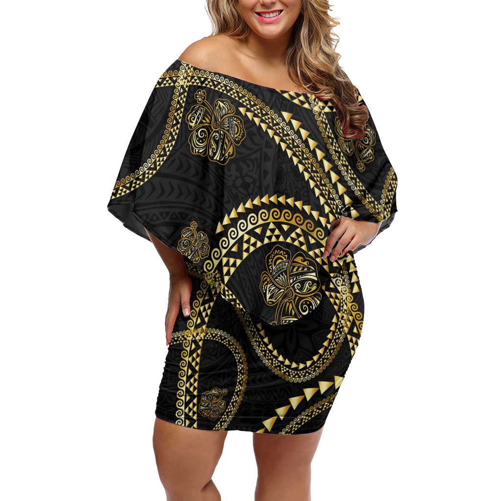 Hawaiian Kakau Art and Hisbiscus Tattoo Family Matching Off Shoulder Short Dress and Hawaiian Shirt Tribal Pattern-Gold Style - Polynesian Pride