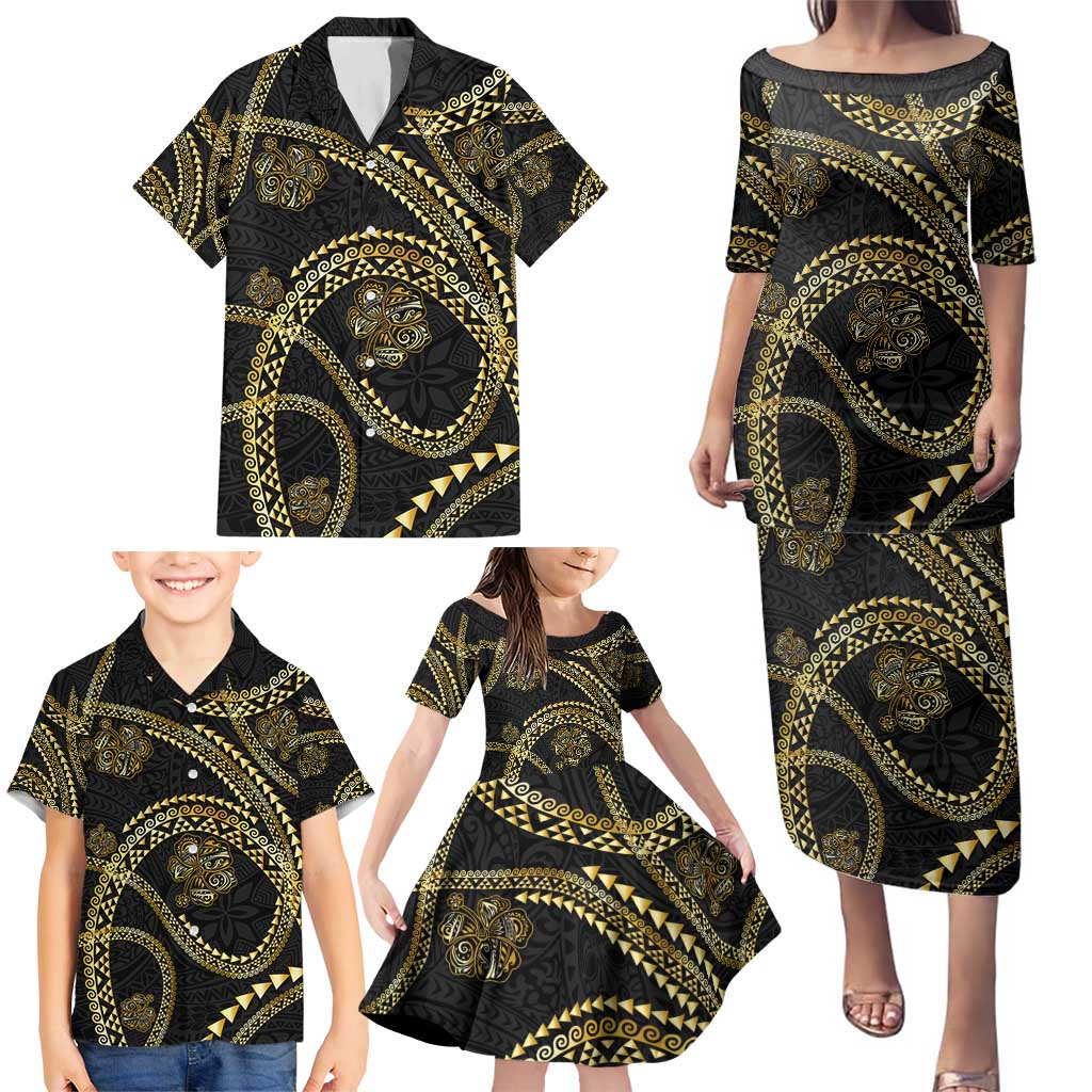 Hawaiian Kakau Art and Hisbiscus Tattoo Family Matching Puletasi and Hawaiian Shirt Tribal Pattern-Gold Style - Polynesian Pride