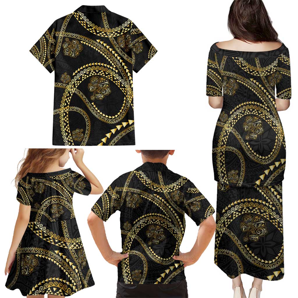 Hawaiian Kakau Art and Hisbiscus Tattoo Family Matching Puletasi and Hawaiian Shirt Tribal Pattern-Gold Style - Polynesian Pride