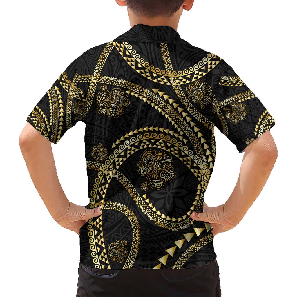Hawaiian Kakau Art and Hisbiscus Tattoo Family Matching Short Sleeve Bodycon Dress and Hawaiian Shirt Tribal Pattern-Gold Style - Polynesian Pride