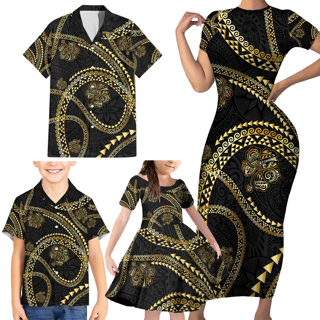 Hawaiian Kakau Art and Hisbiscus Tattoo Family Matching Short Sleeve Bodycon Dress and Hawaiian Shirt Tribal Pattern-Gold Style - Polynesian Pride
