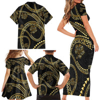Hawaiian Kakau Art and Hisbiscus Tattoo Family Matching Short Sleeve Bodycon Dress and Hawaiian Shirt Tribal Pattern-Gold Style - Polynesian Pride