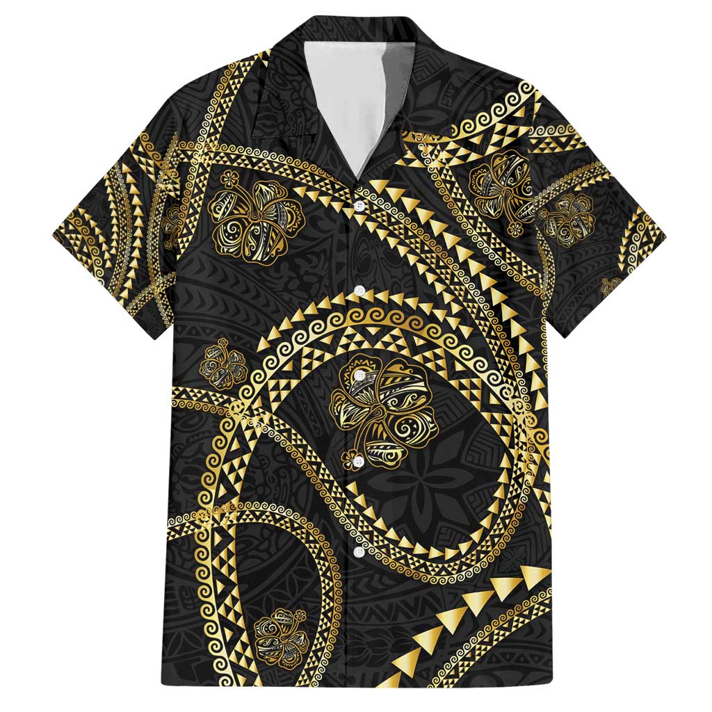 Hawaiian Kakau Art and Hisbiscus Tattoo Family Matching Short Sleeve Bodycon Dress and Hawaiian Shirt Tribal Pattern-Gold Style - Polynesian Pride