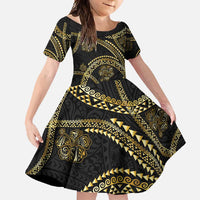 Hawaiian Kakau Art and Hisbiscus Tattoo Family Matching Summer Maxi Dress and Hawaiian Shirt Tribal Pattern-Gold Style - Polynesian Pride