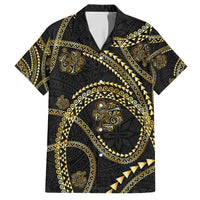 Hawaiian Kakau Art and Hisbiscus Tattoo Family Matching Summer Maxi Dress and Hawaiian Shirt Tribal Pattern-Gold Style - Polynesian Pride