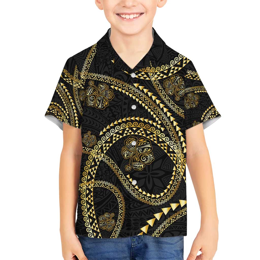 Hawaiian Kakau Art and Hisbiscus Tattoo Family Matching Summer Maxi Dress and Hawaiian Shirt Tribal Pattern-Gold Style - Polynesian Pride