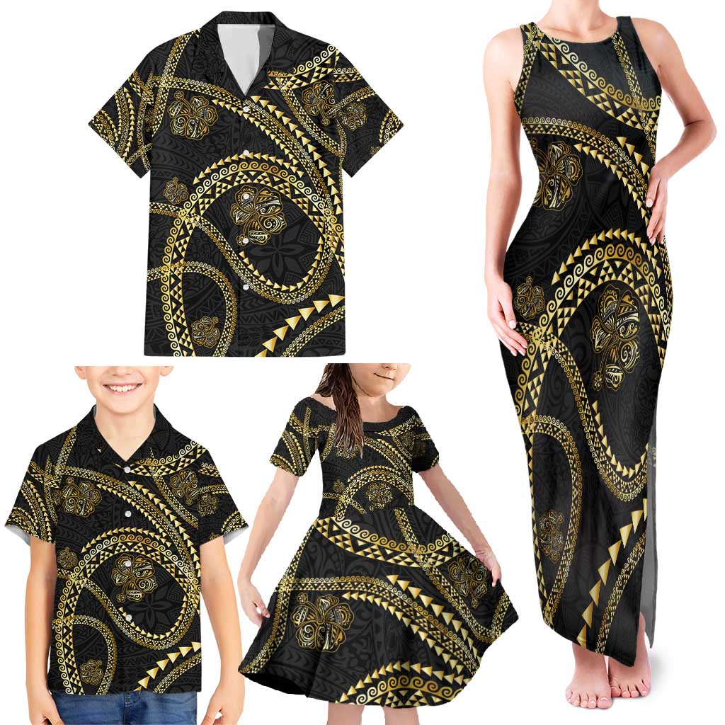 Hawaiian Kakau Art and Hisbiscus Tattoo Family Matching Tank Maxi Dress and Hawaiian Shirt Tribal Pattern-Gold Style - Polynesian Pride