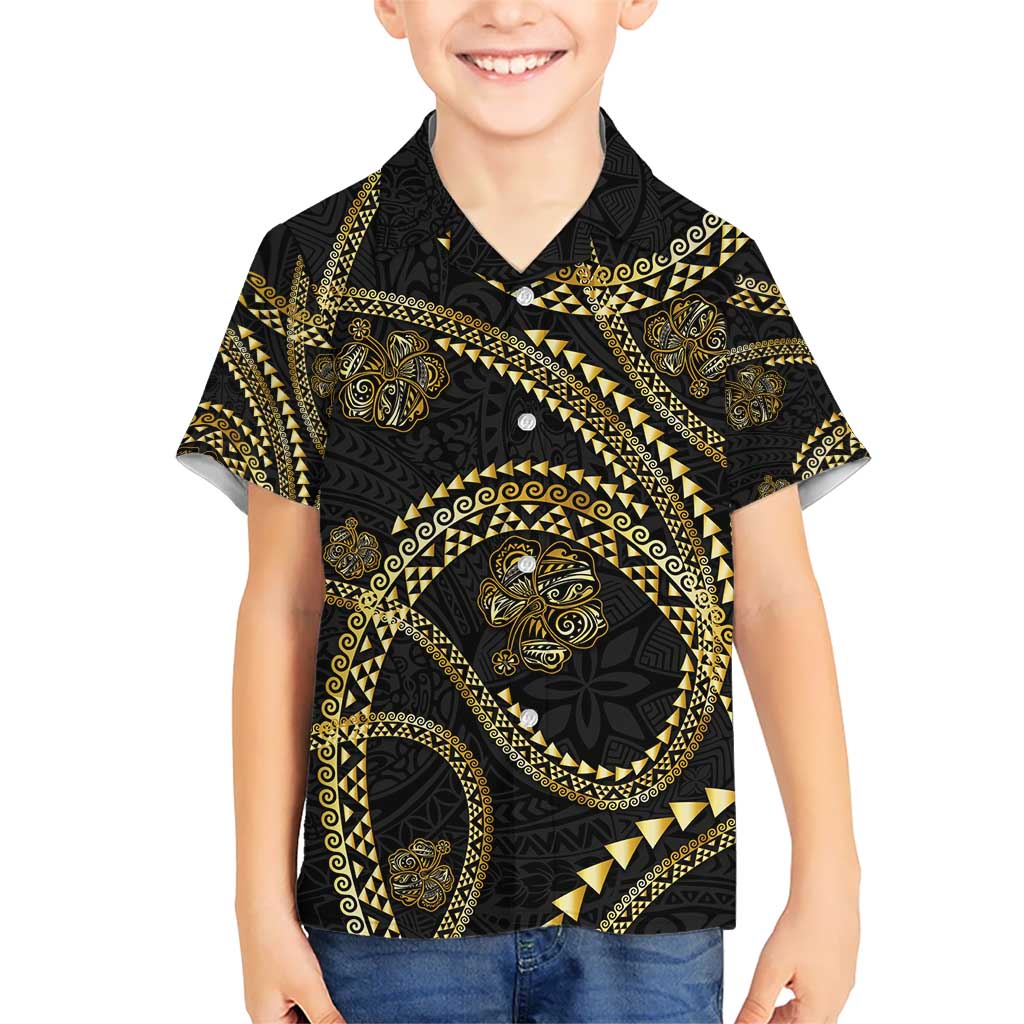 Hawaiian Kakau Art and Hisbiscus Tattoo Kid Hawaiian Shirt Tribal Pattern-Gold Style LT03 Kid Black - Polynesian Pride