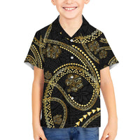 Hawaiian Kakau Art and Hisbiscus Tattoo Kid Hawaiian Shirt Tribal Pattern-Gold Style - Polynesian Pride