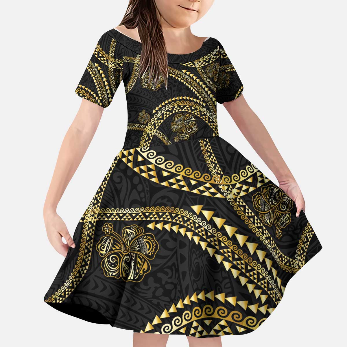 Hawaiian Kakau Art and Hisbiscus Tattoo Kid Short Sleeve Dress Tribal Pattern-Gold Style - Polynesian Pride