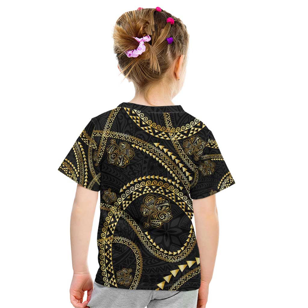 Hawaiian Kakau Art and Hisbiscus Tattoo Kid T Shirt Tribal Pattern-Gold Style - Polynesian Pride