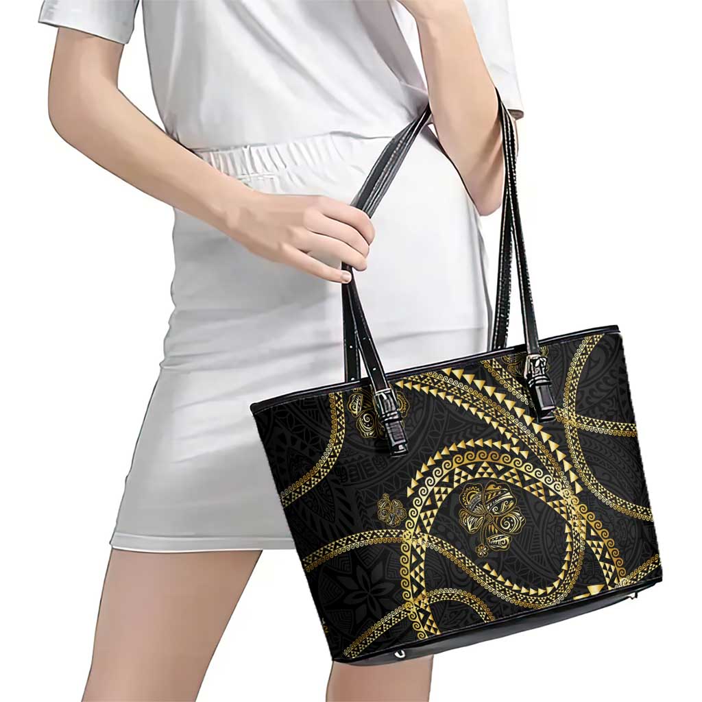 Hawaiian Kakau Art and Hisbiscus Tattoo Leather Tote Bag Tribal Pattern-Gold Style - Polynesian Pride