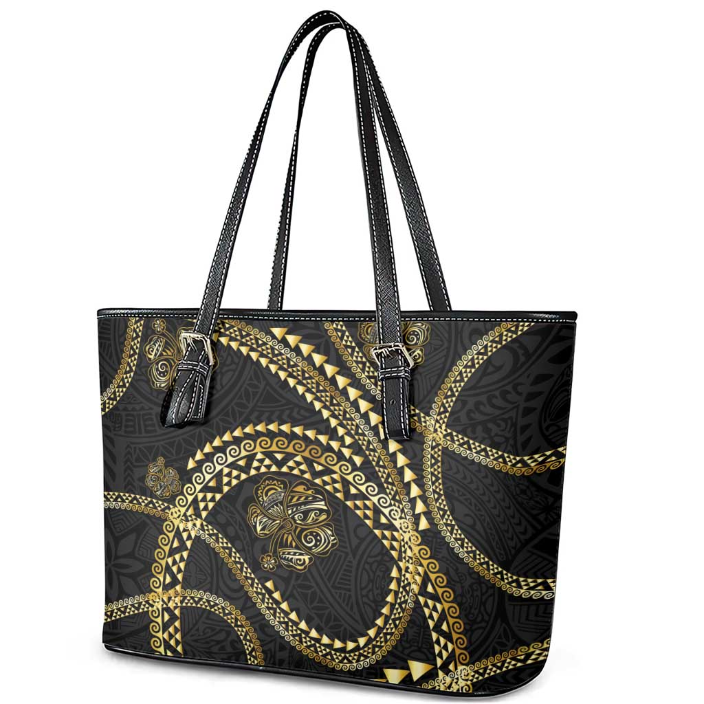 Hawaiian Kakau Art and Hisbiscus Tattoo Leather Tote Bag Tribal Pattern-Gold Style - Polynesian Pride