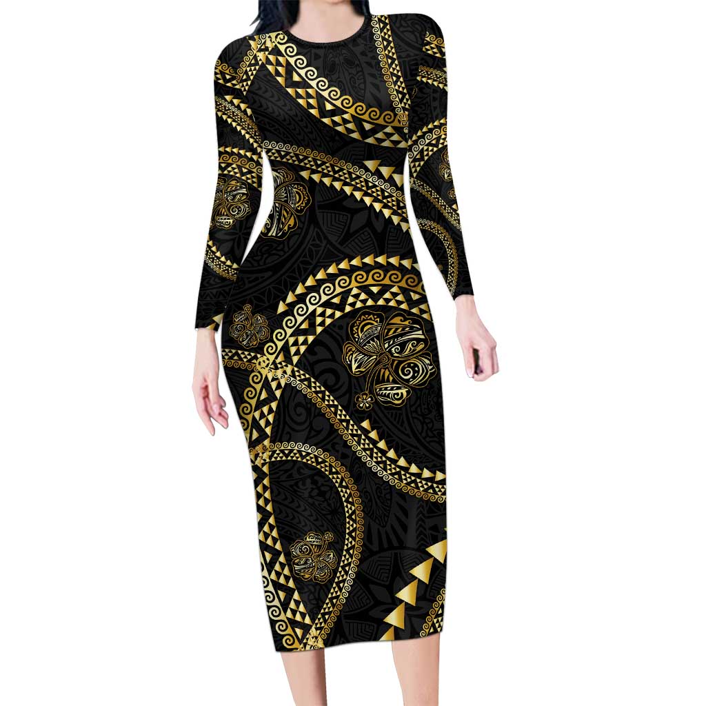 Hawaiian Kakau Art and Hisbiscus Tattoo Long Sleeve Bodycon Dress Tribal Pattern-Gold Style - Polynesian Pride