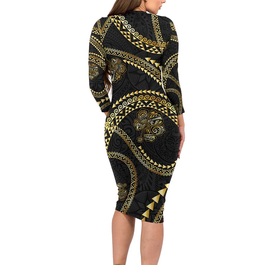 Hawaiian Kakau Art and Hisbiscus Tattoo Long Sleeve Bodycon Dress Tribal Pattern-Gold Style - Polynesian Pride
