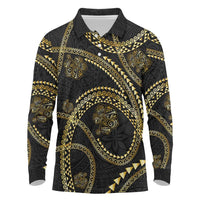 Hawaiian Kakau Art and Hisbiscus Tattoo Long Sleeve Polo Shirt Tribal Pattern-Gold Style - Polynesian Pride