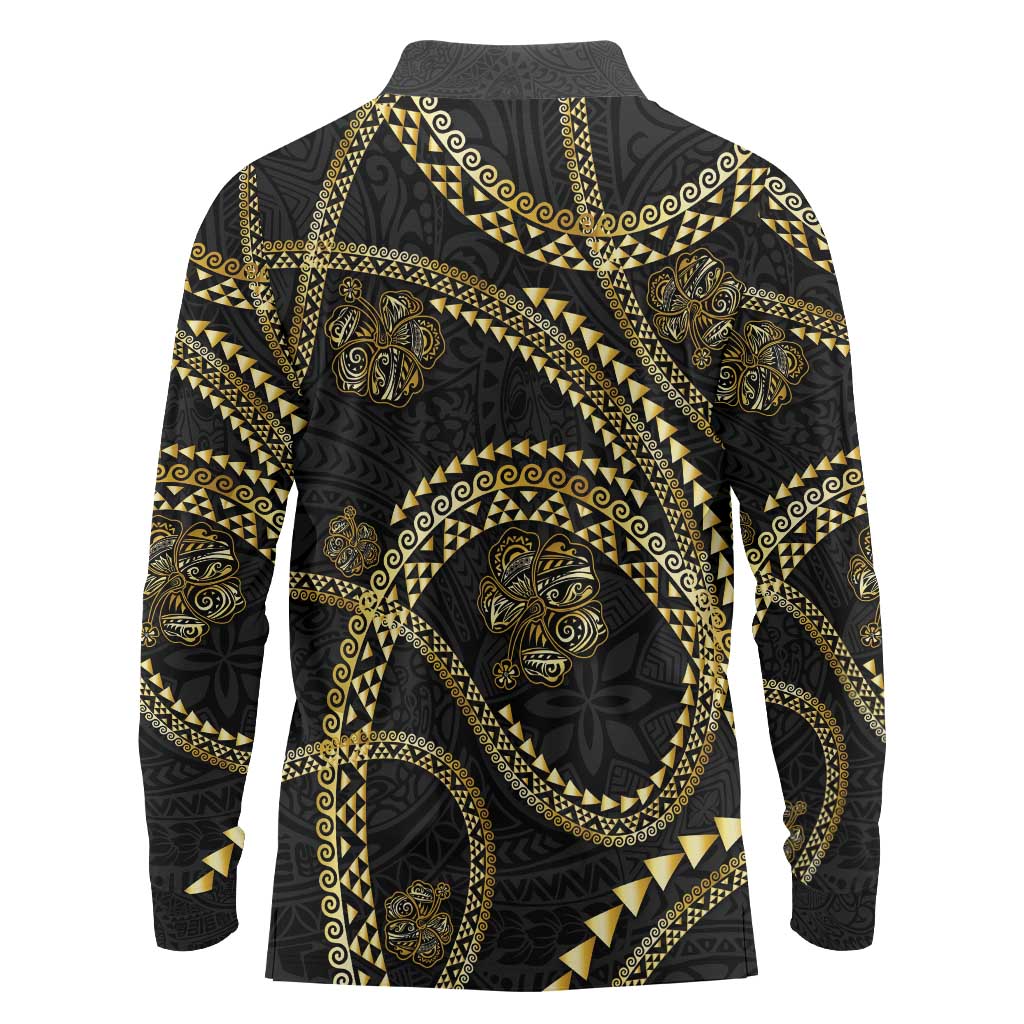 Hawaiian Kakau Art and Hisbiscus Tattoo Long Sleeve Polo Shirt Tribal Pattern-Gold Style - Polynesian Pride