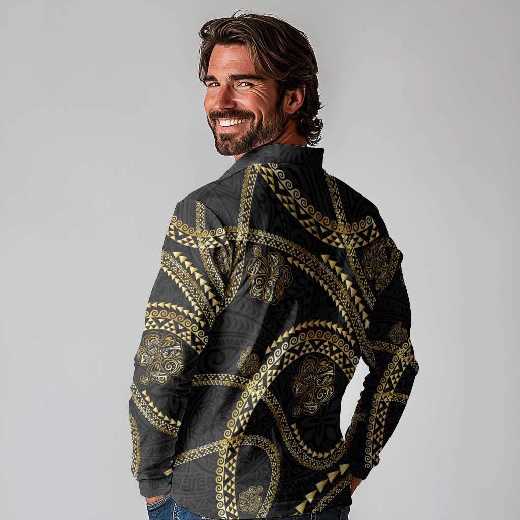 Hawaiian Kakau Art and Hisbiscus Tattoo Long Sleeve Polo Shirt Tribal Pattern-Gold Style - Polynesian Pride