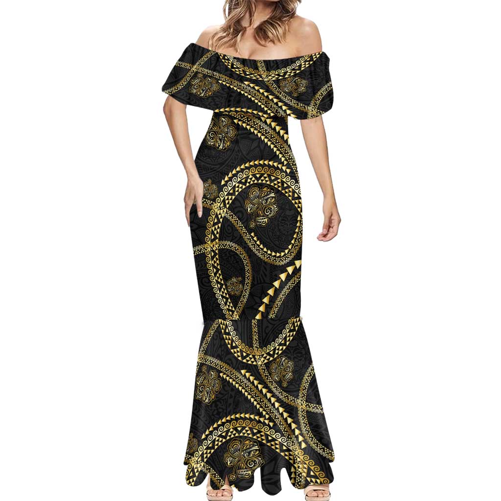 Hawaiian Kakau Art and Hisbiscus Tattoo Mermaid Dress Tribal Pattern-Gold Style - Polynesian Pride
