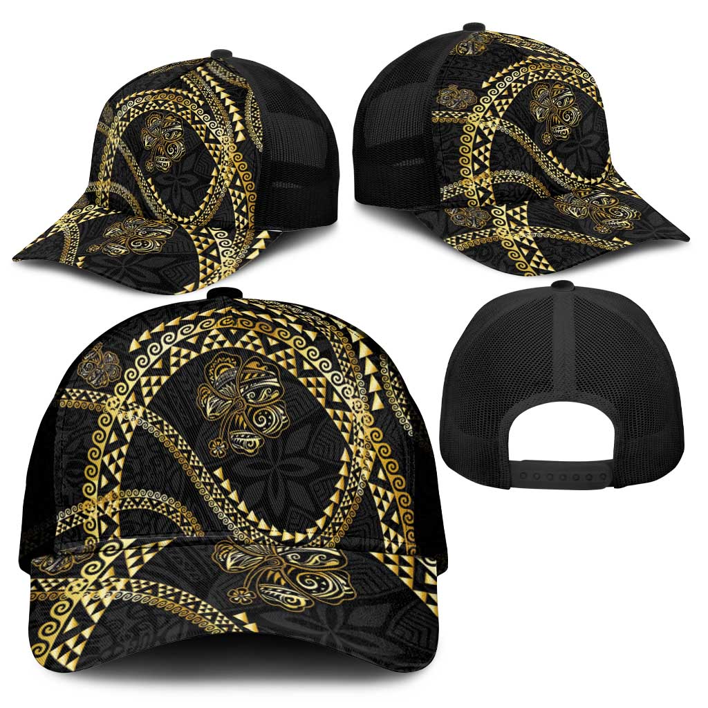 Hawaiian Kakau Art and Hisbiscus Tattoo Mesh Trucker Cap Tribal Pattern-Gold Style - Polynesian Pride
