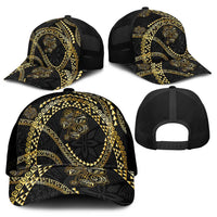 Hawaiian Kakau Art and Hisbiscus Tattoo Mesh Trucker Cap Tribal Pattern-Gold Style - Polynesian Pride