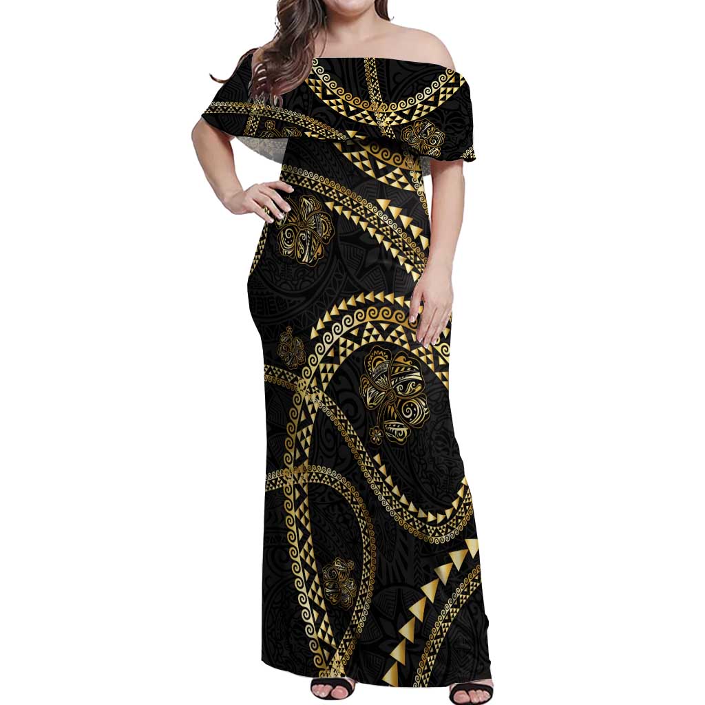 Hawaiian Kakau Art and Hisbiscus Tattoo Off Shoulder Maxi Dress Tribal Pattern-Gold Style - Polynesian Pride