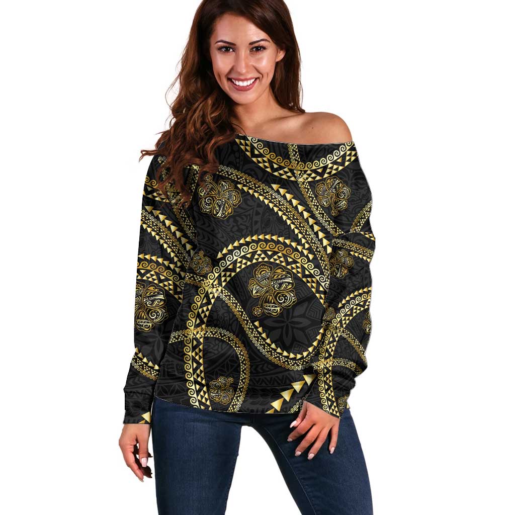 Hawaiian Kakau Art and Hisbiscus Tattoo Off Shoulder Sweater Tribal Pattern-Gold Style - Polynesian Pride