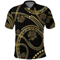 Hawaiian Kakau Art and Hisbiscus Tattoo Polo Shirt Tribal Pattern-Gold Style - Polynesian Pride