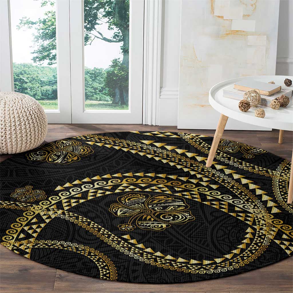 Hawaiian Kakau Art and Hisbiscus Tattoo Round Carpet Tribal Pattern-Gold Style - Polynesian Pride