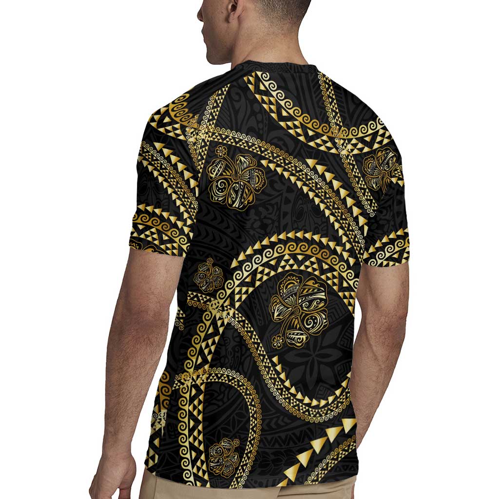Hawaiian Kakau Art and Hisbiscus Tattoo Rugby Jersey Tribal Pattern-Gold Style - Polynesian Pride