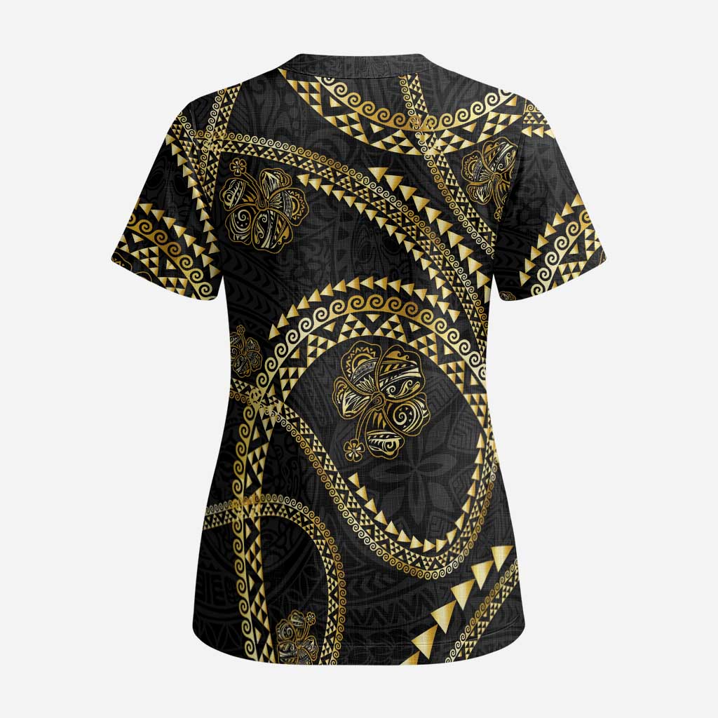 Hawaiian Kakau Art and Hisbiscus Tattoo Scrub Top Tribal Pattern-Gold Style - Polynesian Pride