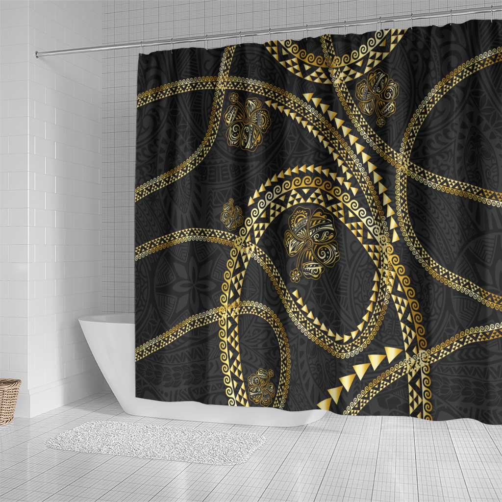 Hawaiian Kakau Art and Hisbiscus Tattoo Shower Curtain Tribal Pattern-Gold Style - Polynesian Pride