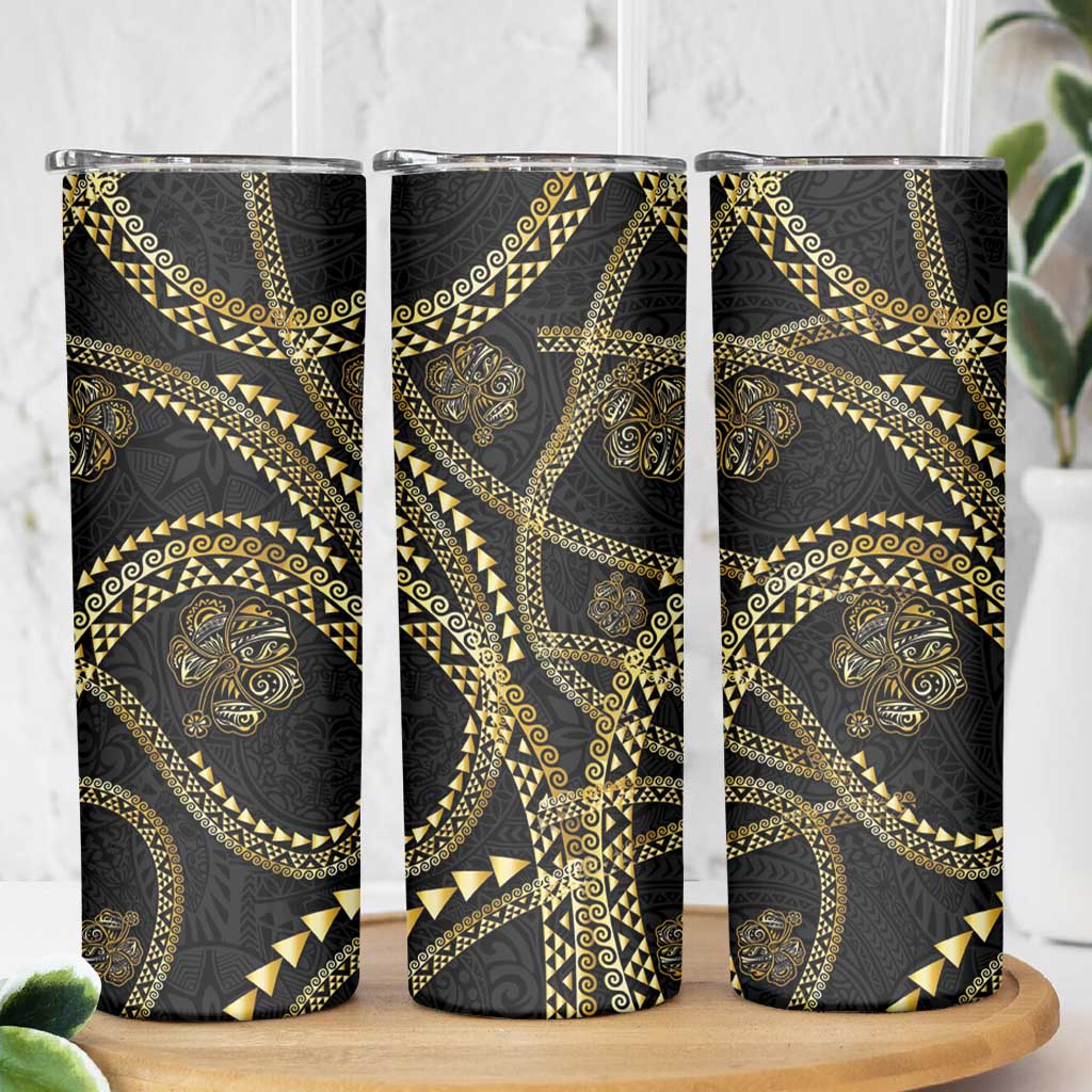 Hawaiian Kakau Art and Hisbiscus Tattoo Skinny Tumbler Tribal Pattern-Gold Style - Polynesian Pride