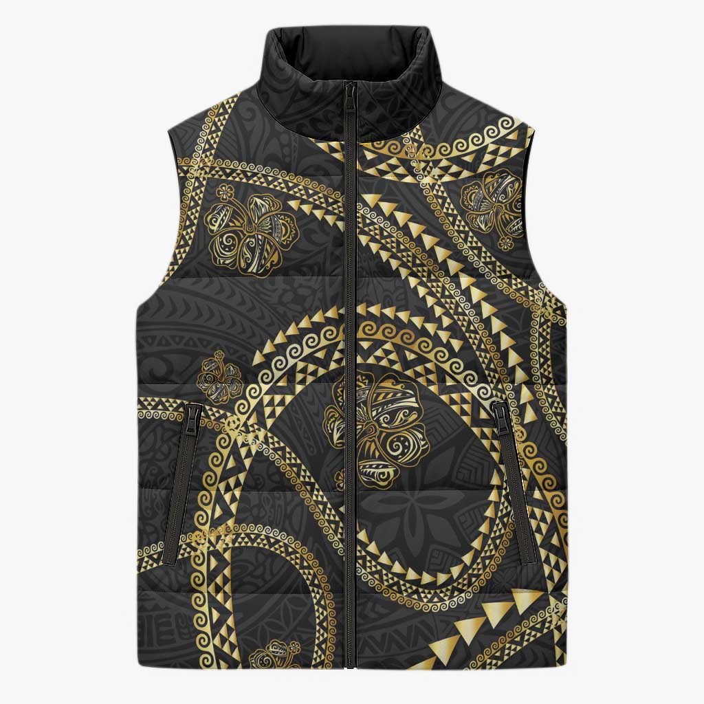 Hawaiian Kakau Art and Hisbiscus Tattoo Sleeveless Puffer Jacket Tribal Pattern-Gold Style LT03 Unisex Black - Polynesian Pride